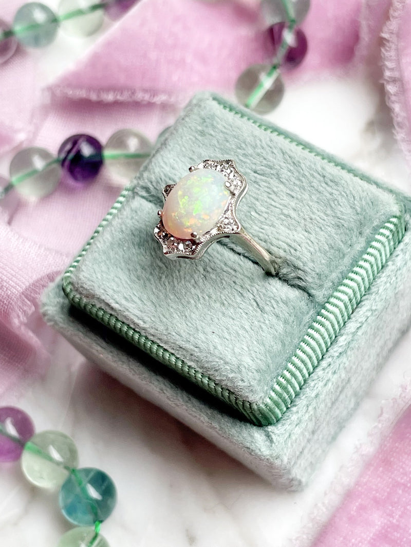 14k WG Edwardian Diamond & Opal Ring