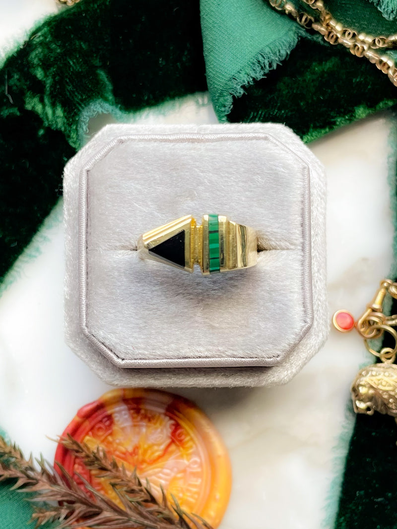 14k Vintage Inlaid Malachite & Onyx Ring