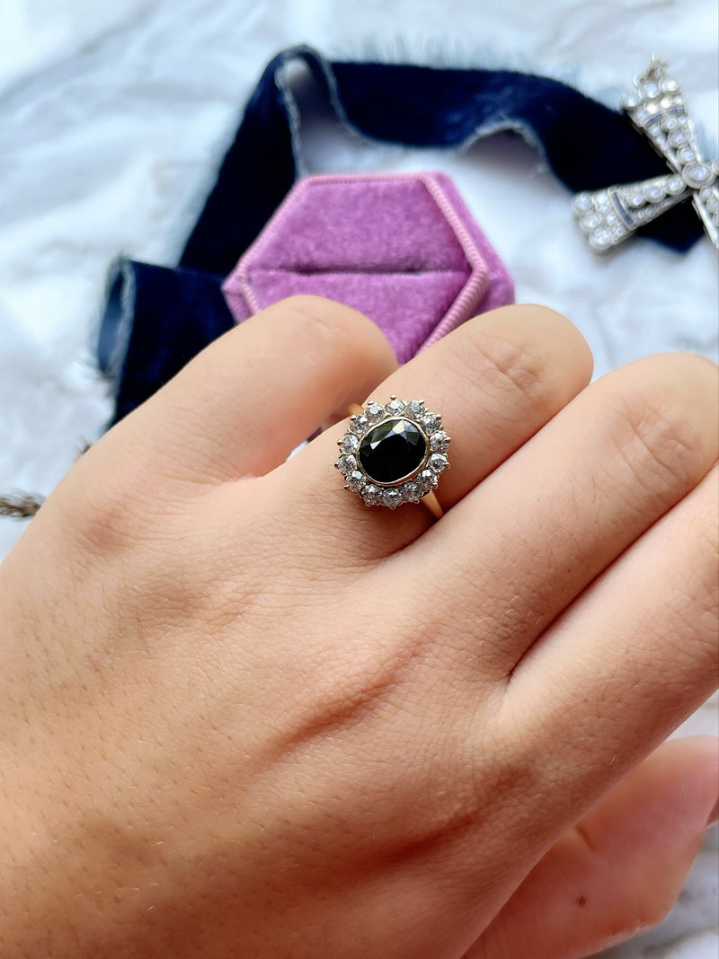 14k Antique Cushion Cut Sapphire with Diamond Halo Ring