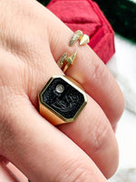 14k Art Deco Carved Onyx And Diamond Signet Ring