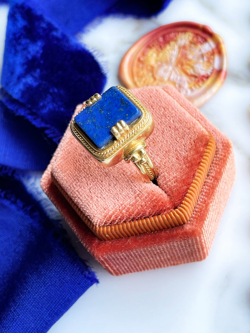 18k Vintage Etruscan Revival Lapis Lazuli Signet Ring