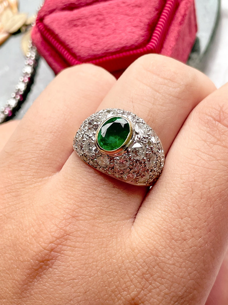 Platinum Art Deco Emerald & Diamond Bombe Ring