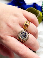 14k Art Deco White & Blue Enamel Signet Ring