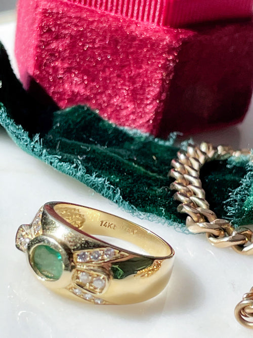 14k Vintage Natural Emerald & Diamond Ring