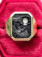 14k Art Deco Carved Onyx And Diamond Signet Ring