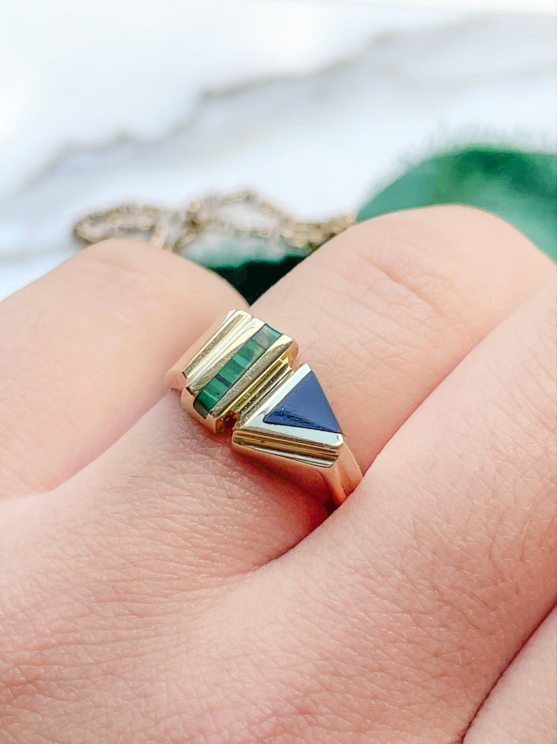 14k Vintage Inlaid Malachite & Onyx Ring