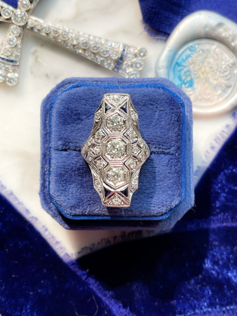 Platinum Art Deco 1.55cttw Diamond & Sapphire Dinner Ring