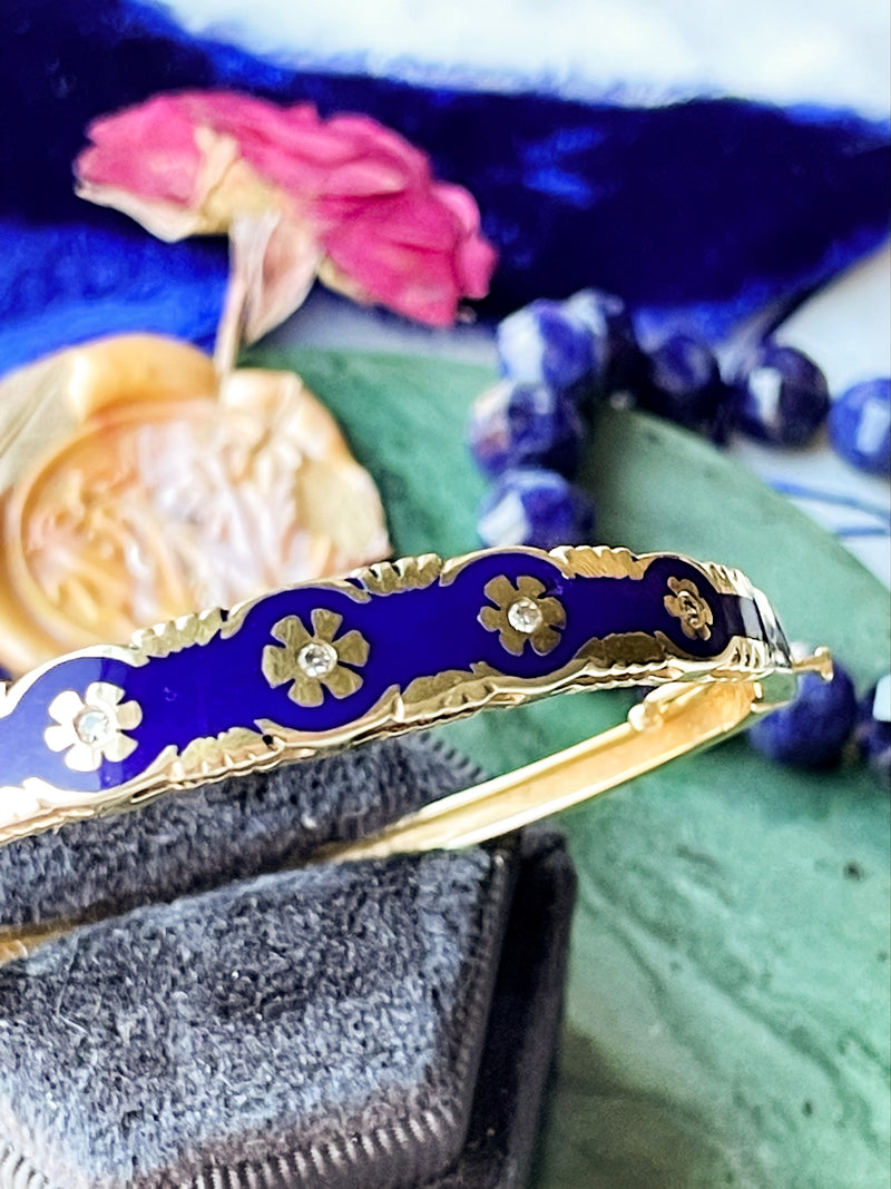 14k Antique Blue Enamel Diamond Bangle