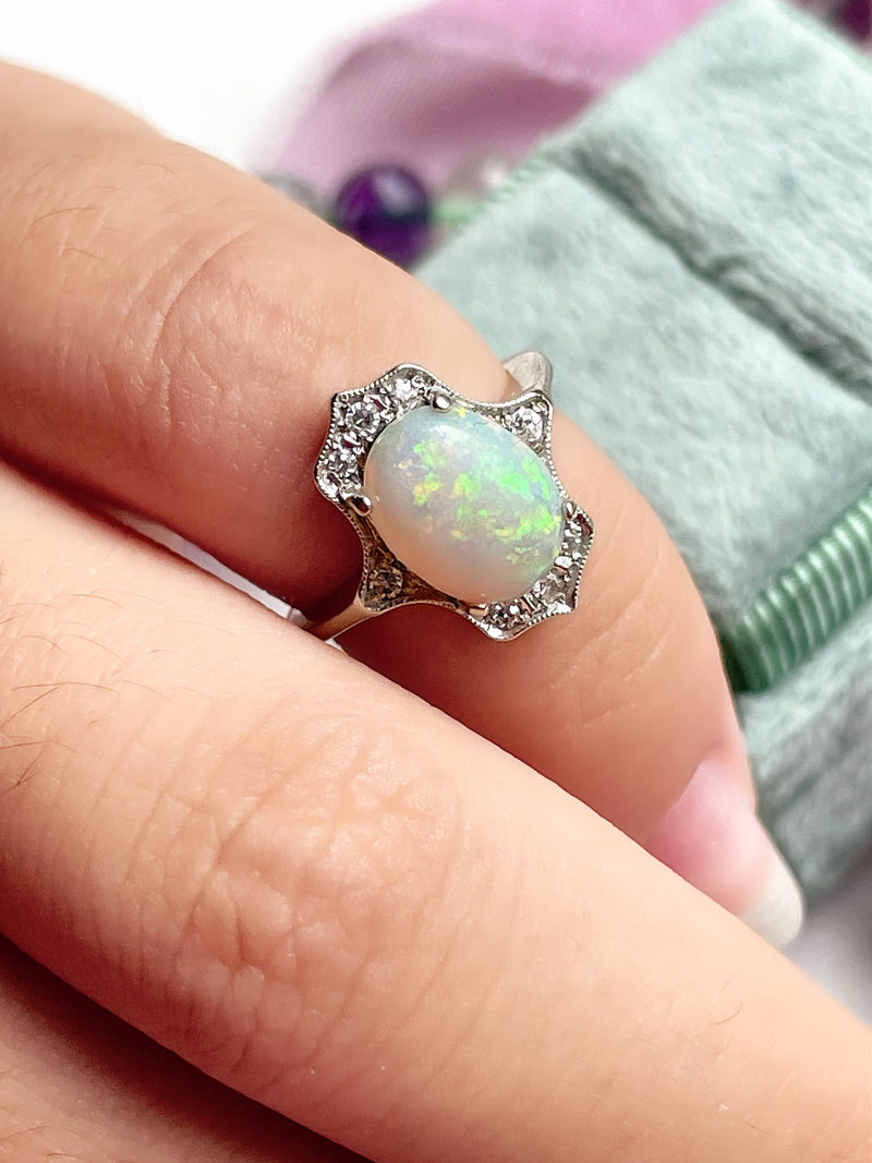 14k WG Edwardian Diamond & Opal Ring