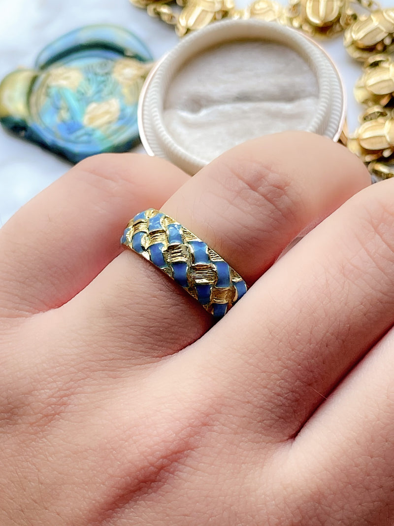 18k Vintage Tiffany Enamel Basket Weave Ring