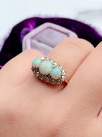 14k Antique Three Opal & Diamond Halo Ring