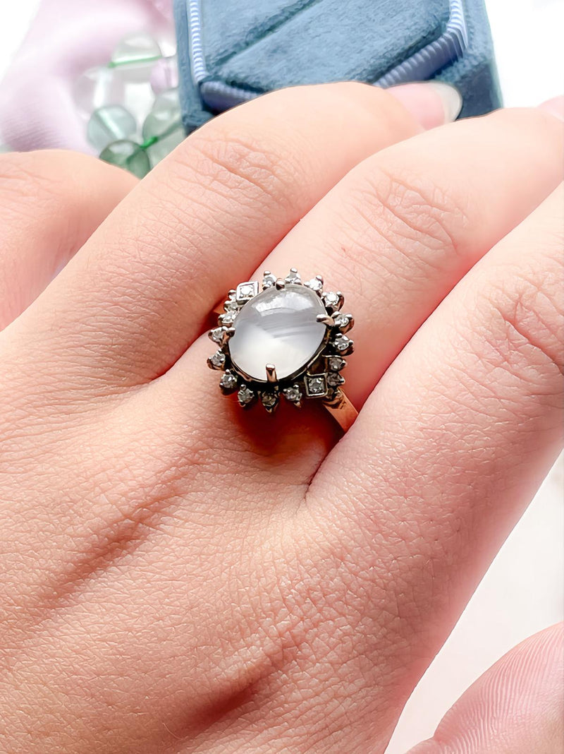 14k Vintage Moonstone Cabochon w/ Diamond Halo