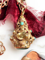 18k Art Nouveau Citrine, Turquoise & Paste Fob