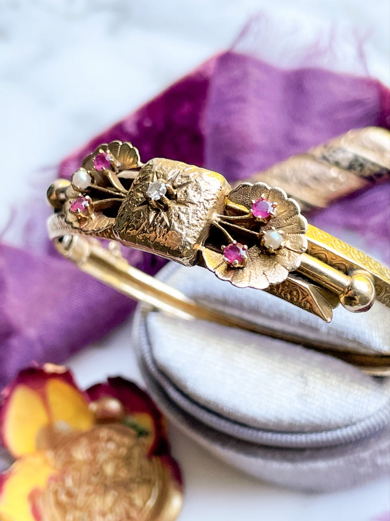 14k Victorian Ruby, Diamond, and Seed Pearl Bangle