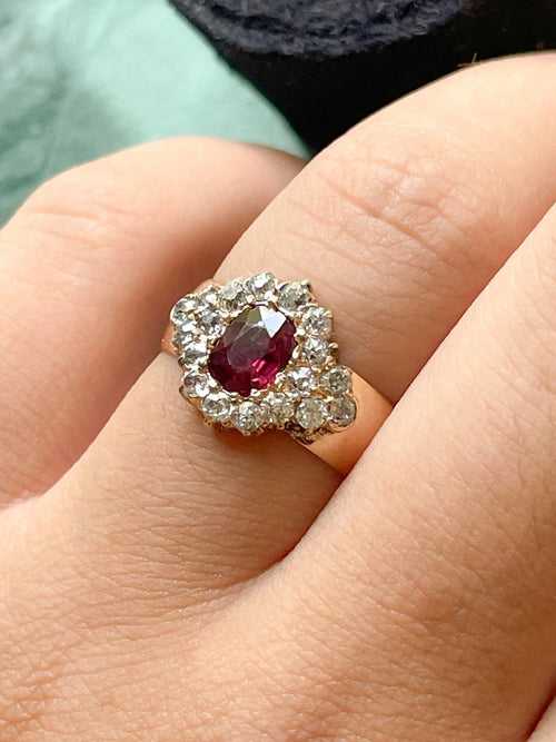 14k Victorian Ruby & Diamond Navette Ring