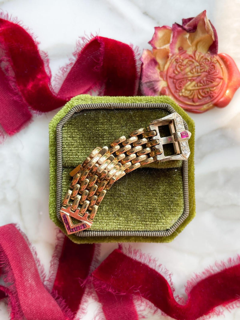 14k Vintage Diamond & Ruby Buckle Ring