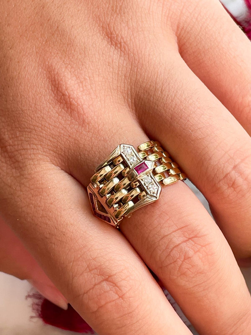 14k Vintage Diamond & Ruby Buckle Ring