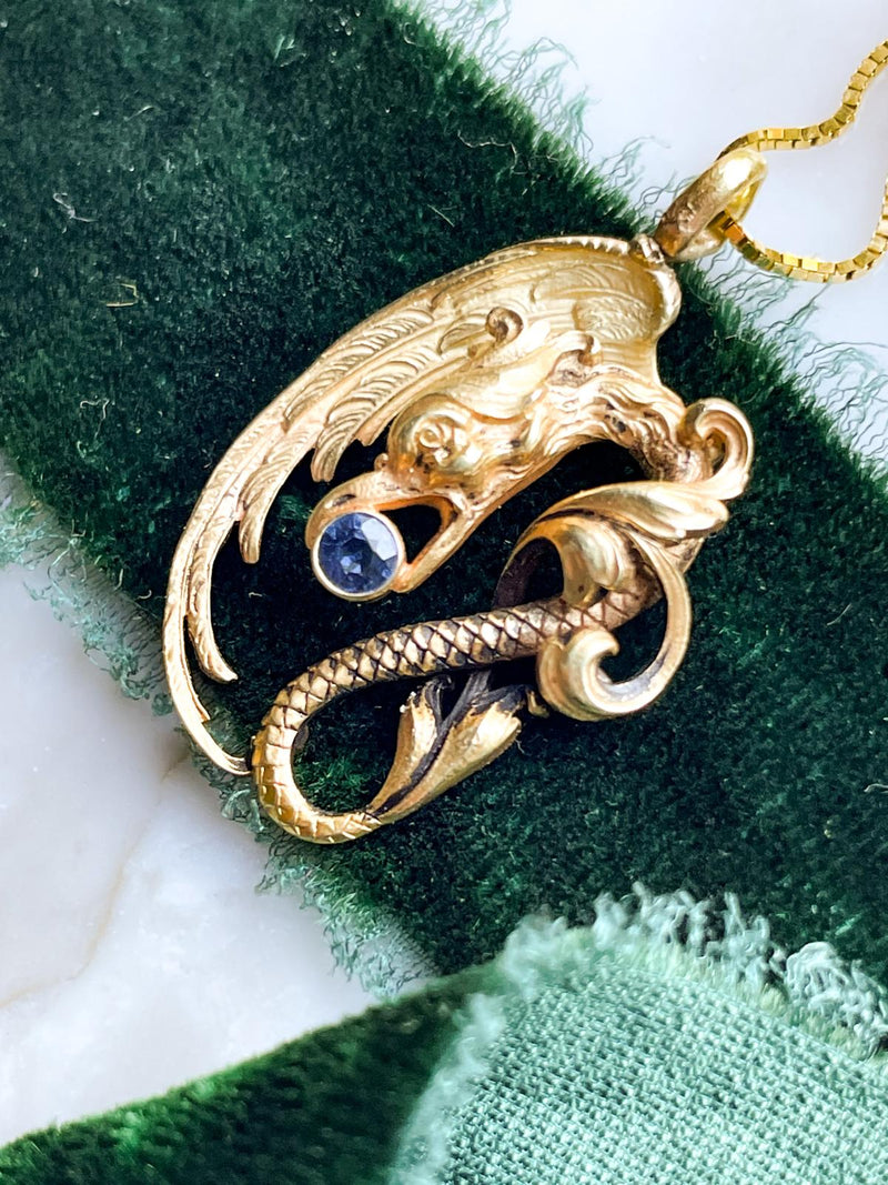 14k Art Nouveau Sapphire Chimera Pendant