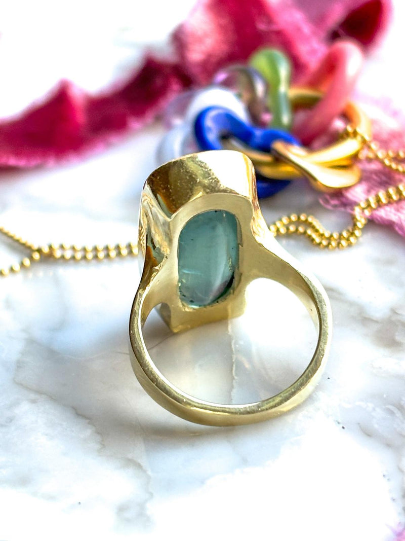 14k Bespoke 10ct Green Aquamarine Cabochon Ring