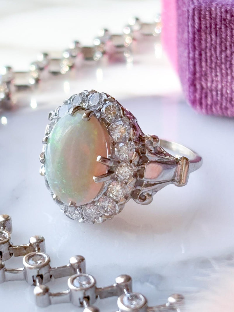 14k Vintage Opal Cabochon with Diamond Halo