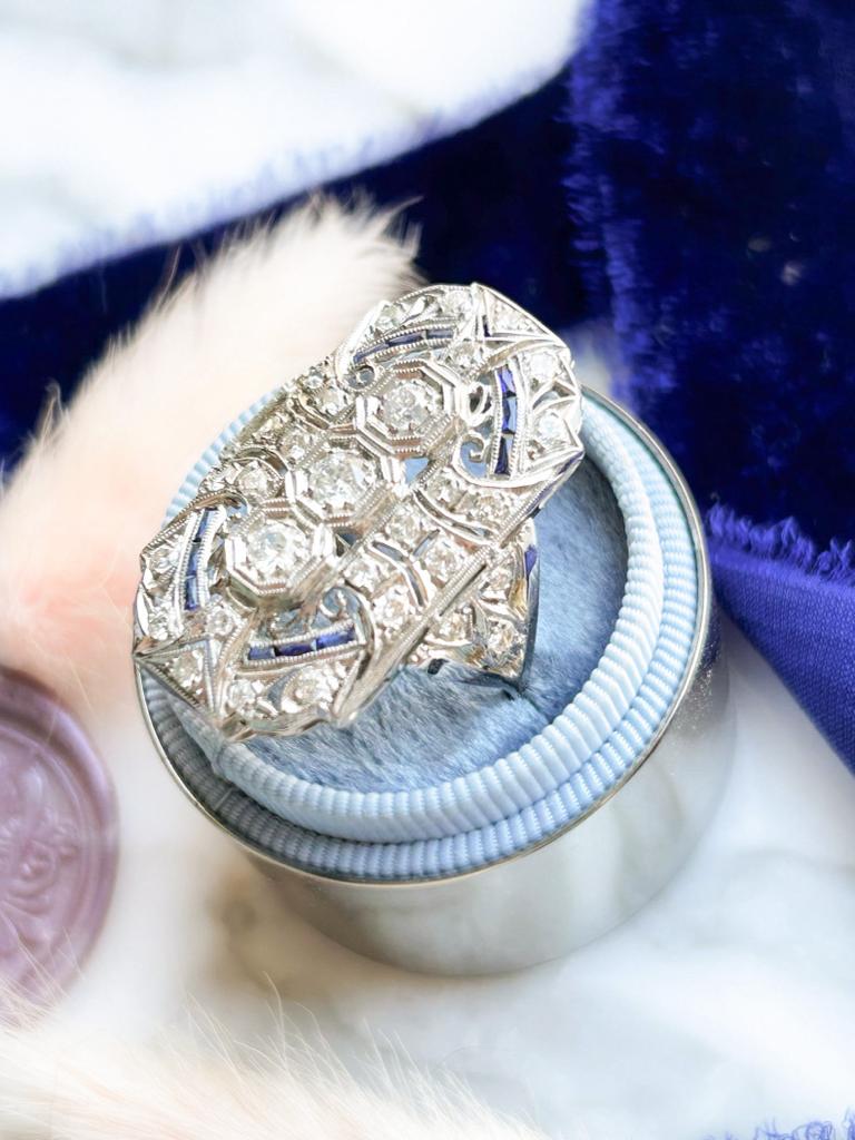 Platinum & 14K Art Deco 1.39cttw Diamond & Sapphire Ring