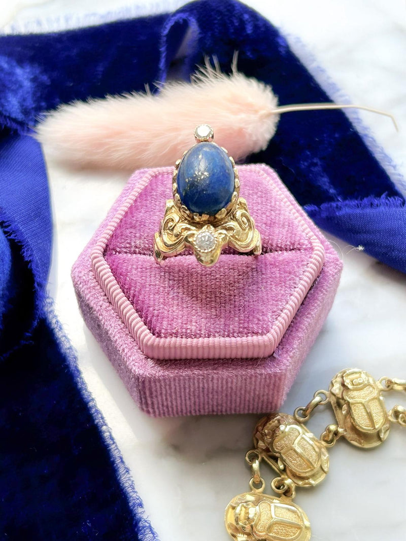 14k Vintage Lapis Cabochon & Diamond Ring