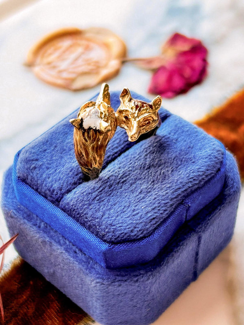 18k Vintage Double-Headed Fox Enamel Ring