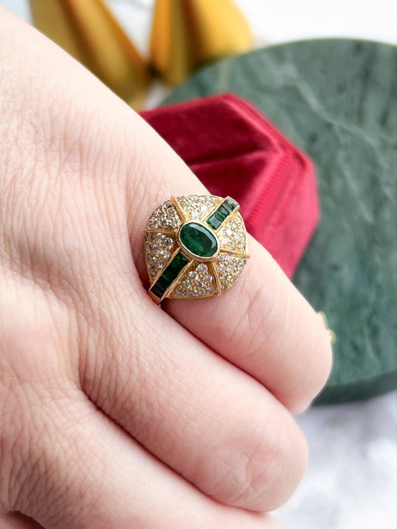 18k Vintage Diamond & Emerald Bombe Ring