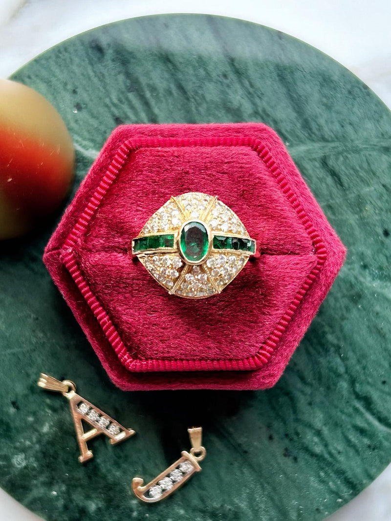 18k Vintage Diamond & Emerald Bombe Ring