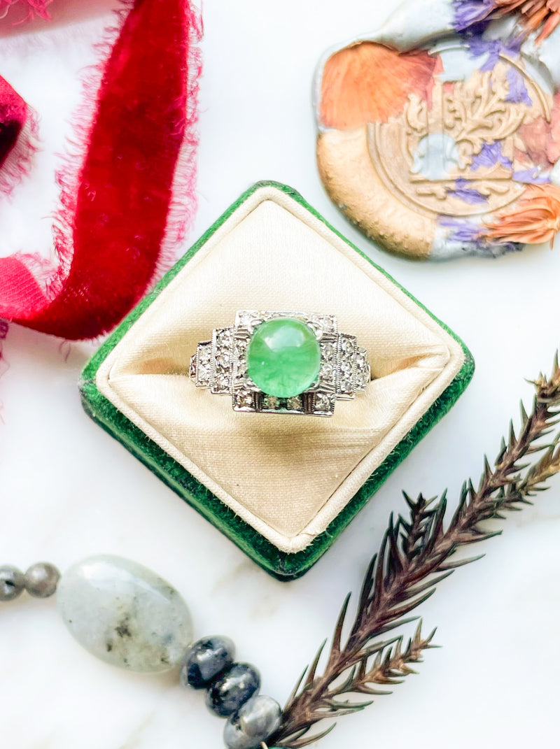 Platinum Art Deco Emerald Cabochon & Diamond Ring