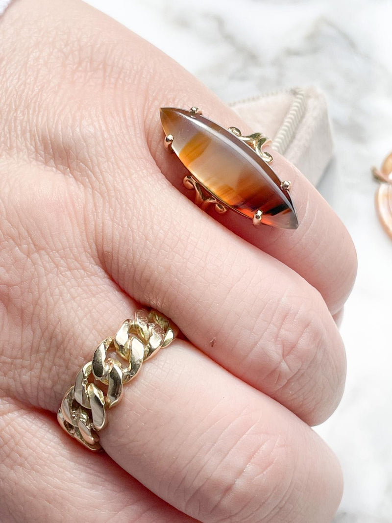 14k Victorian Banded Agate Navette Ring