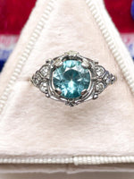 18k Art Deco 1.75ct Blue Zircon & Diamond Ring