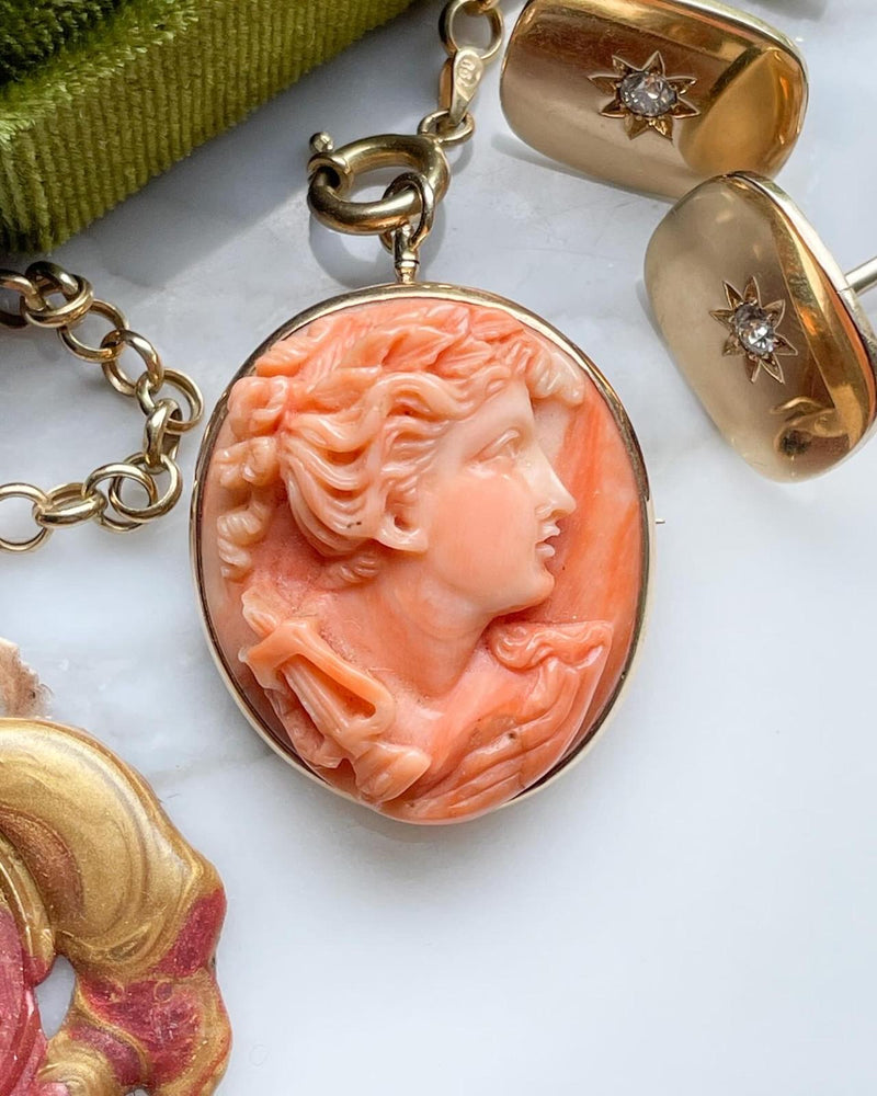 14k Victorian Carved Coral Cameo Brooch