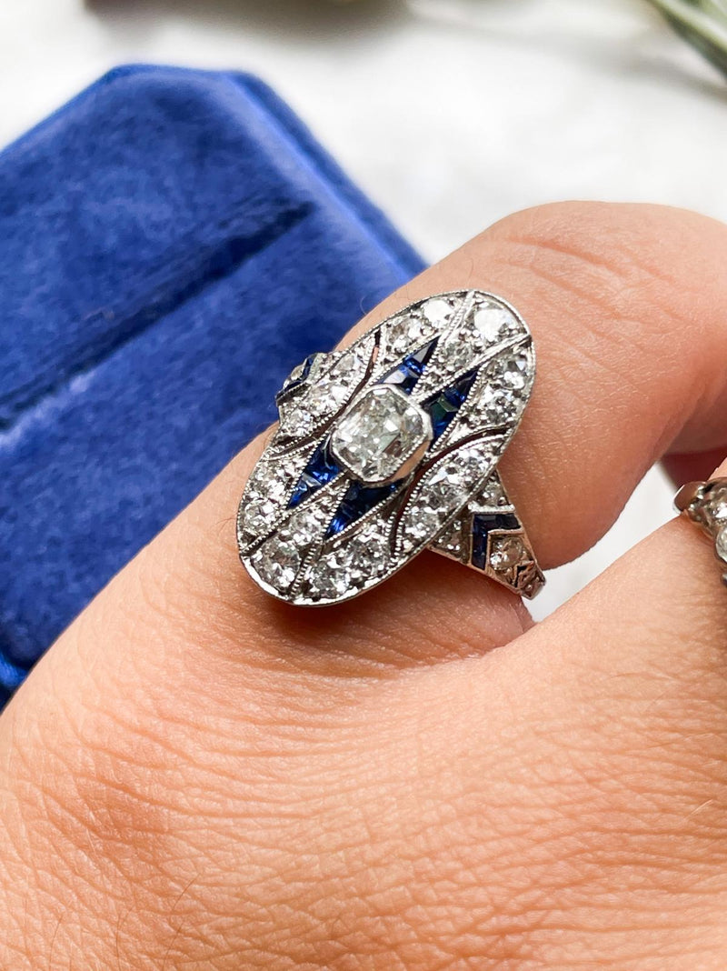 Platinum Art Deco 1.15cttw Diamond & Sapphire Ring