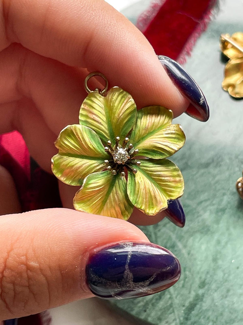 14k Green/Gold enamel & Diamond Flower Pin