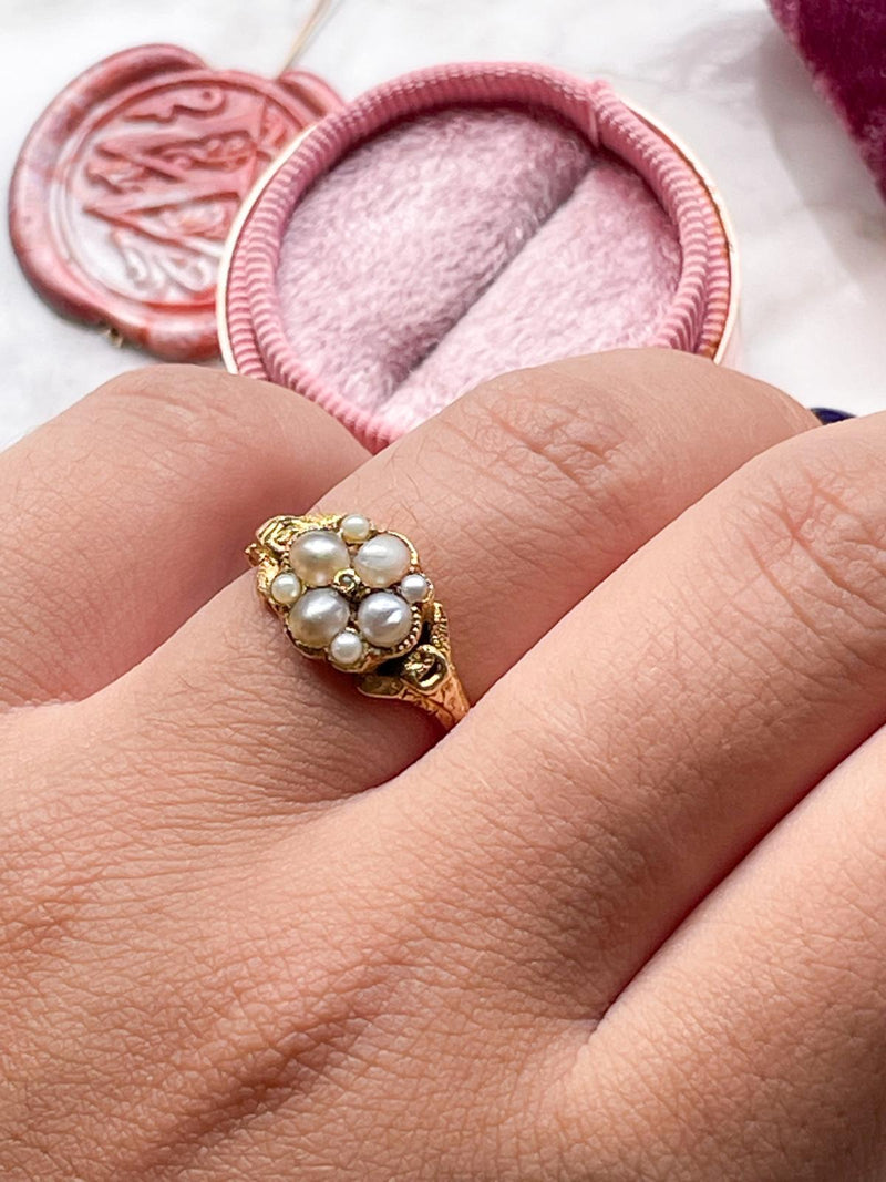 15k Georgian Pear & Seed Pearl Cluster Ring