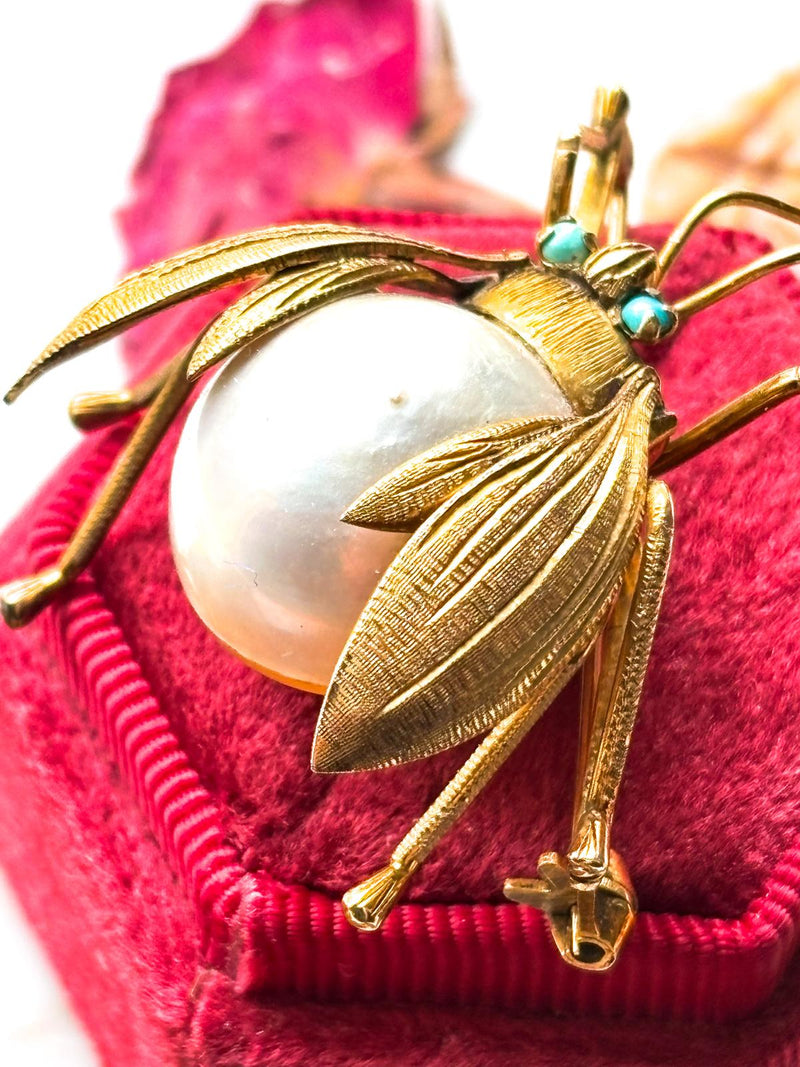 14k Vintage Pearl & Turquoise Bug Brooch