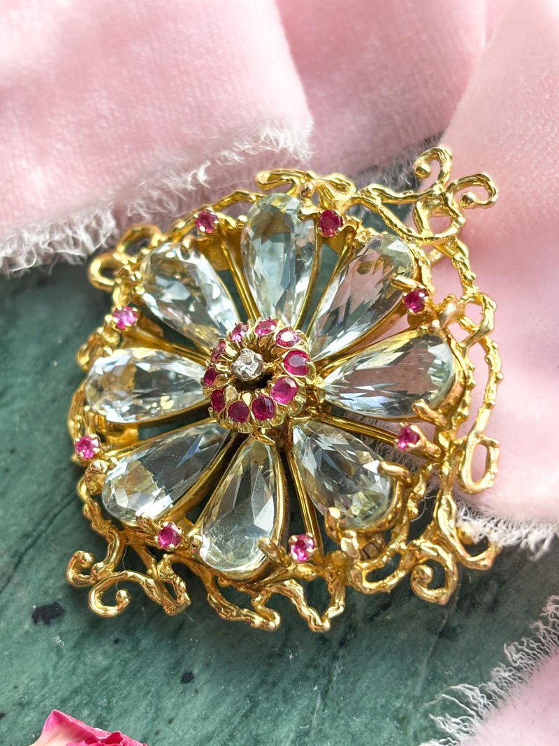 14k Vintage Aquamarine, Ruby, & Diamond Brooch