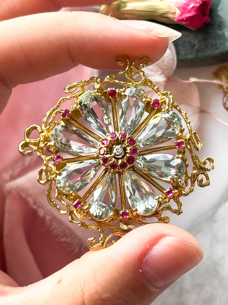 14k Vintage Aquamarine, Ruby, & Diamond Brooch