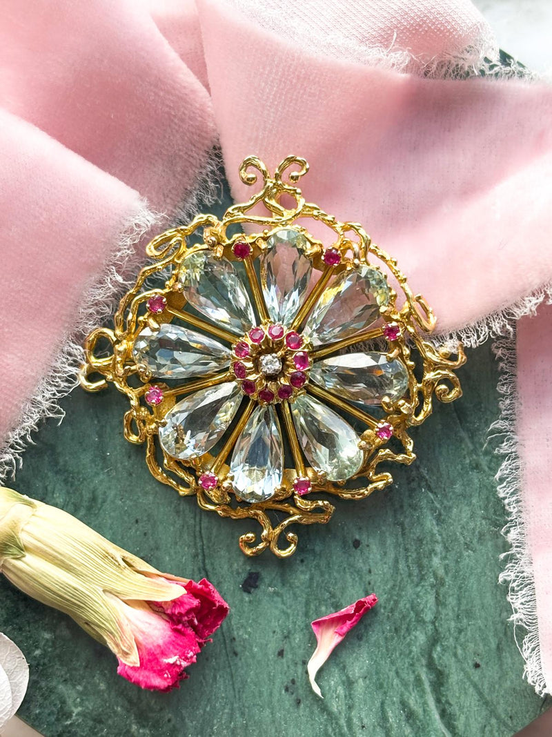 14k Vintage Aquamarine, Ruby, & Diamond Brooch