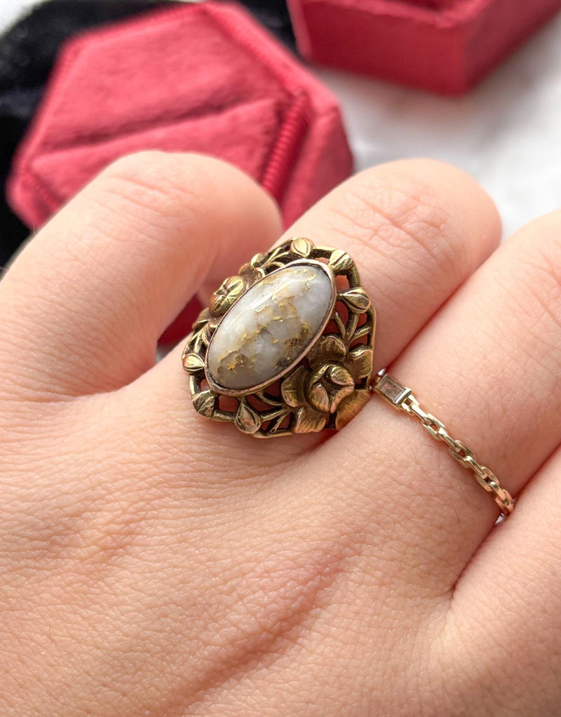 14k Art Nouveau Gold Bearing Quartz Cabochon Ring