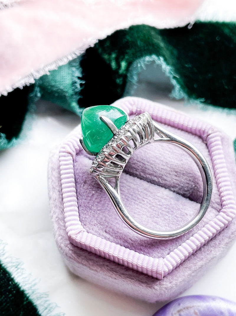 Platinum Emerald Sugarloaf with Double Diamond Halo Ring