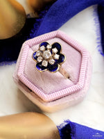 14k Vintage Blue Enamel & Diamond Flower Ring