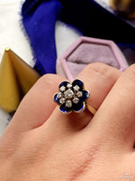 14k Vintage Blue Enamel & Diamond Flower Ring