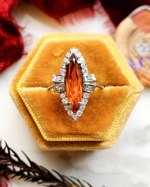 18k Deco Marquise Orange Sapphire & Diamond Ring