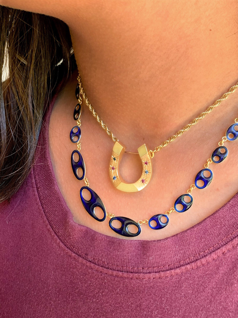 18k Vintage Blue Enamel Mariner Link Necklace