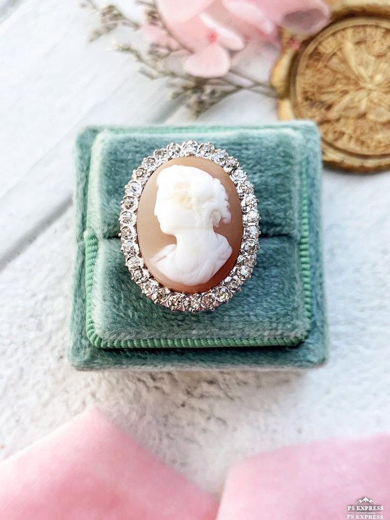 14k Edwardian Hardstone Cameo w/ Diamond Halo