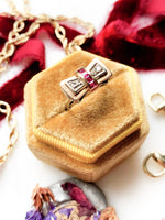 18k Vintage Pink Gold Diamond & Ruby Tank Ring