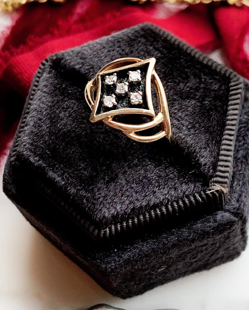 10k Vintage Black & Gold Five-Diamond Ring