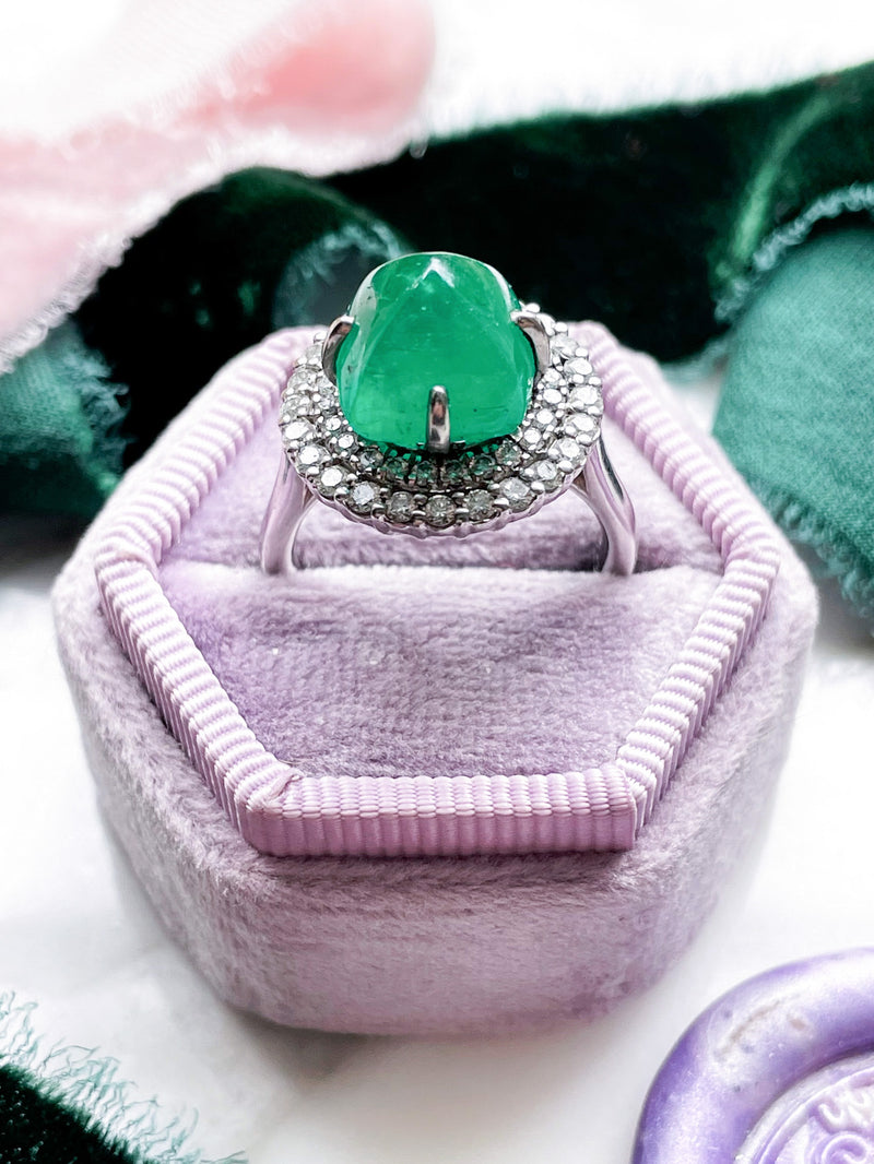 Platinum Emerald Sugarloaf with Double Diamond Halo Ring